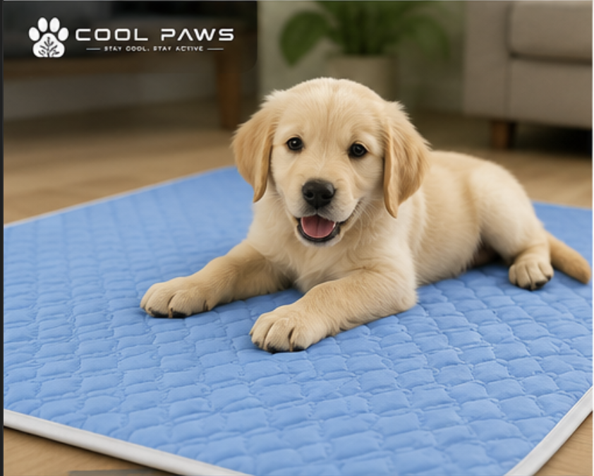 Golden retriever puppy resting on a blue Cool Paws cooling ice mat