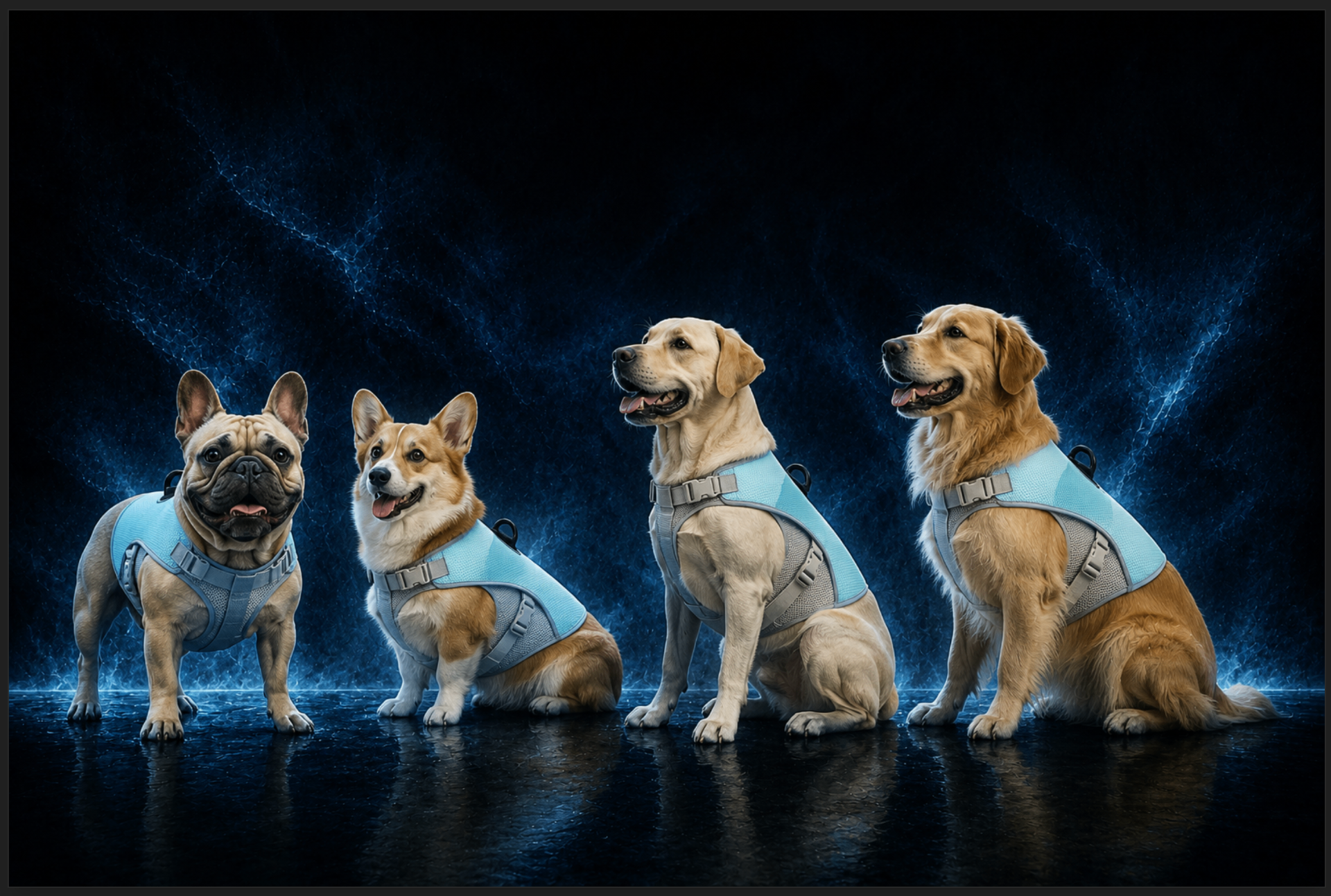 Four dogs wearing Cool Paws HeatShield cooling vests