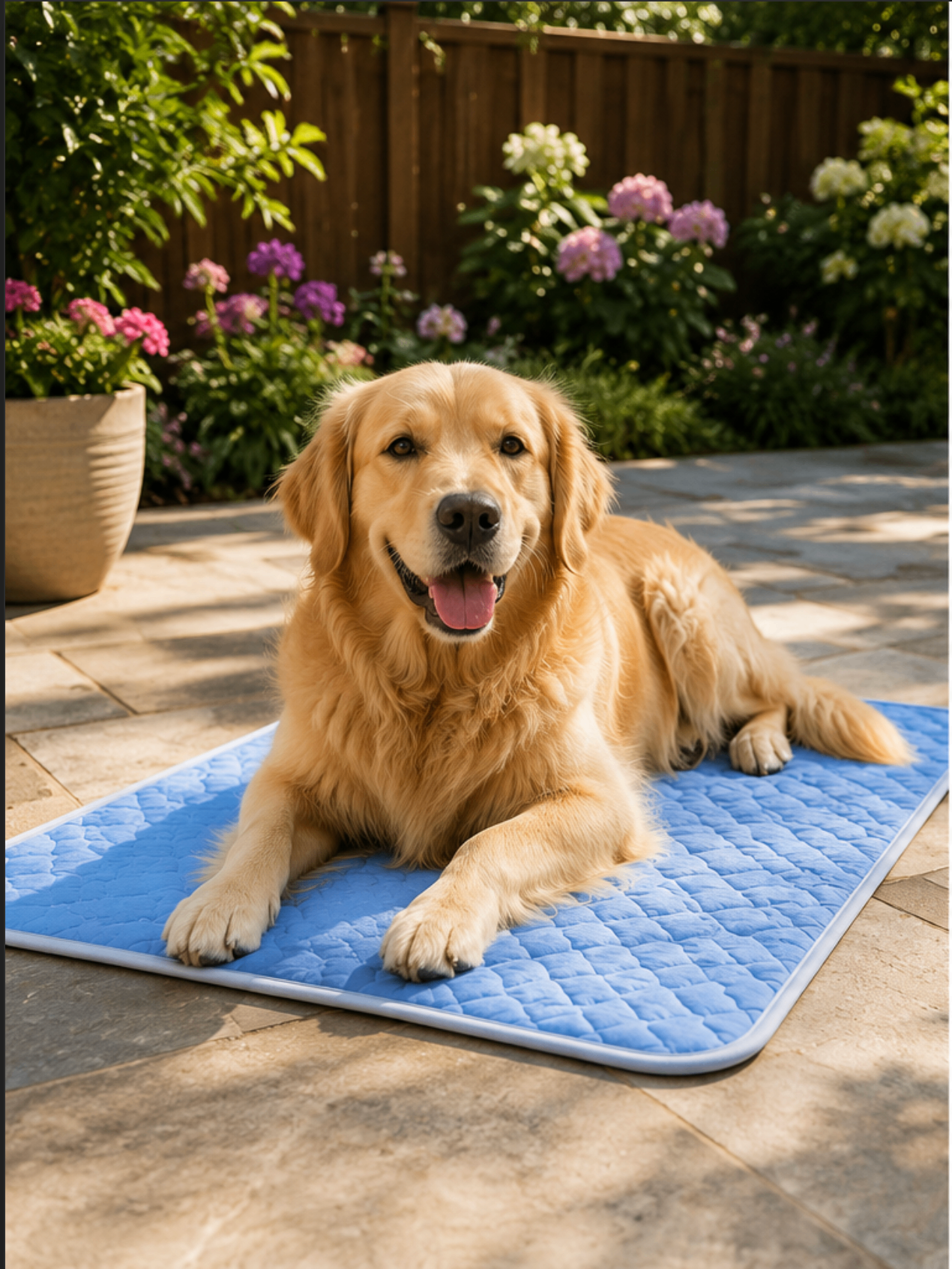 Golden retriever relaxing on a blue Cool Paws cooling mat outdoors